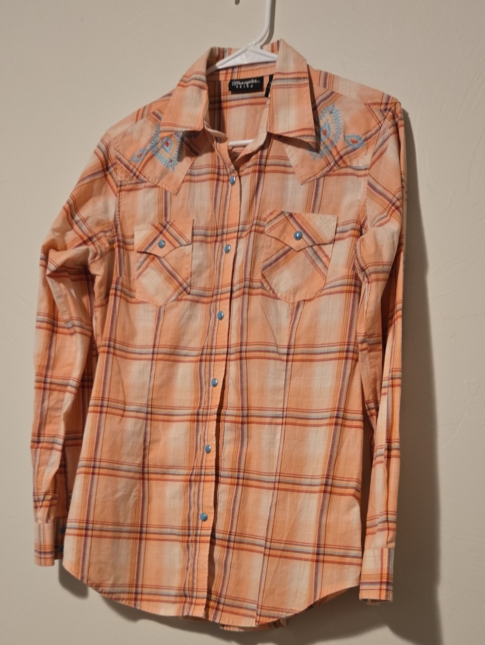 Wrangler Womens Peach Plaid Western Snap-Up Shirt